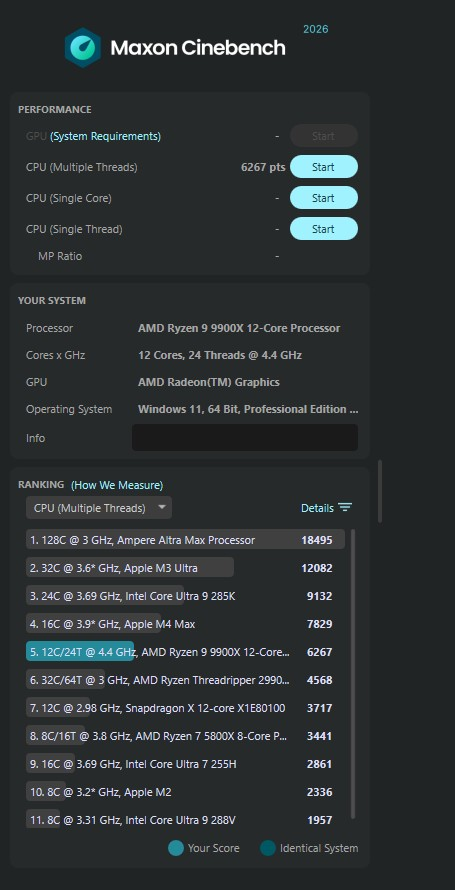 Cinebench 2026 — 6.267 pontos